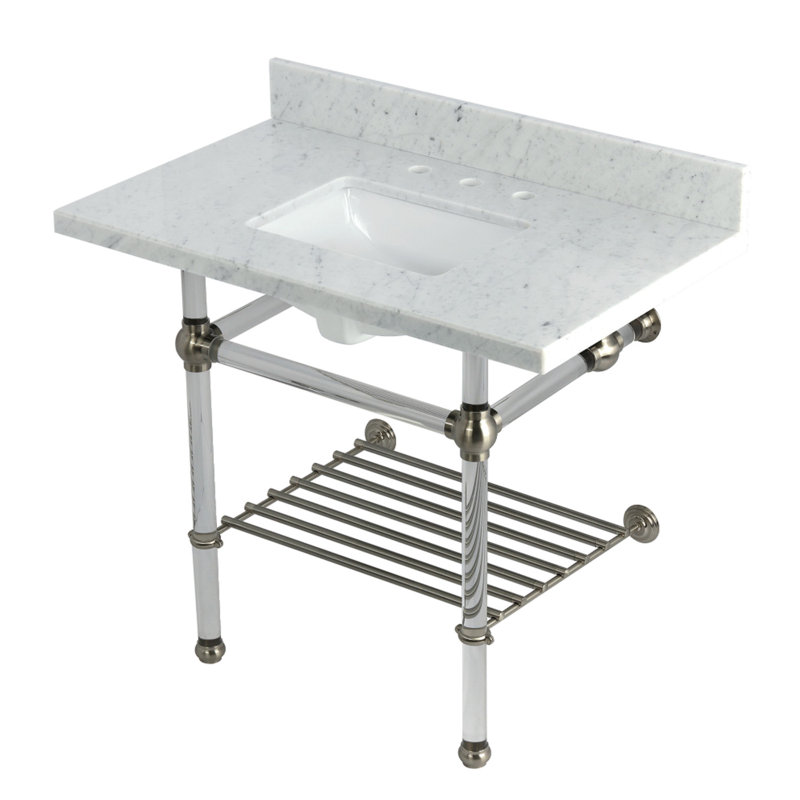Kingston Brass Templeton 36-Inch Carrara Marble Console Sink with Acrylic Legs and Shelf (8-Inch, 3-Hole), Polished Chrome