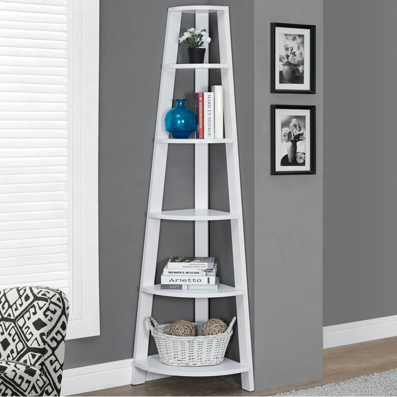 Corner Bookshelf, Etagere Bookcase, Bookshelf, White, (5 Shelves) 71.3"H x 22.55"W x 15.55"D