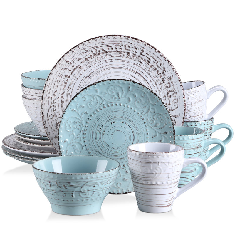 Ensemble 16 pièces de vaisselle à motif floral en relief bleu et blanc pour 4 personnes, motif en relief sur assiettes, bols et tasses
