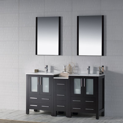 Mance 60.63 " W Freestanding Standard Free Standing 2 Double Vanity Bathroom Vanity With Ceramic Top with Mirror
