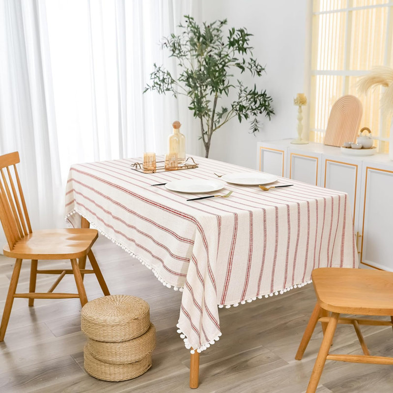Farmhouse Striped Tablecloths Wrinkle Resistant with Pom Pom Tassel Fall Holiday tablecloths, Red, 102" x 54"