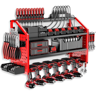 Rangement mural pour outils électriques avec station de charge - Acier robuste, 6 porte-perceuses, 8 crochets, multiprise