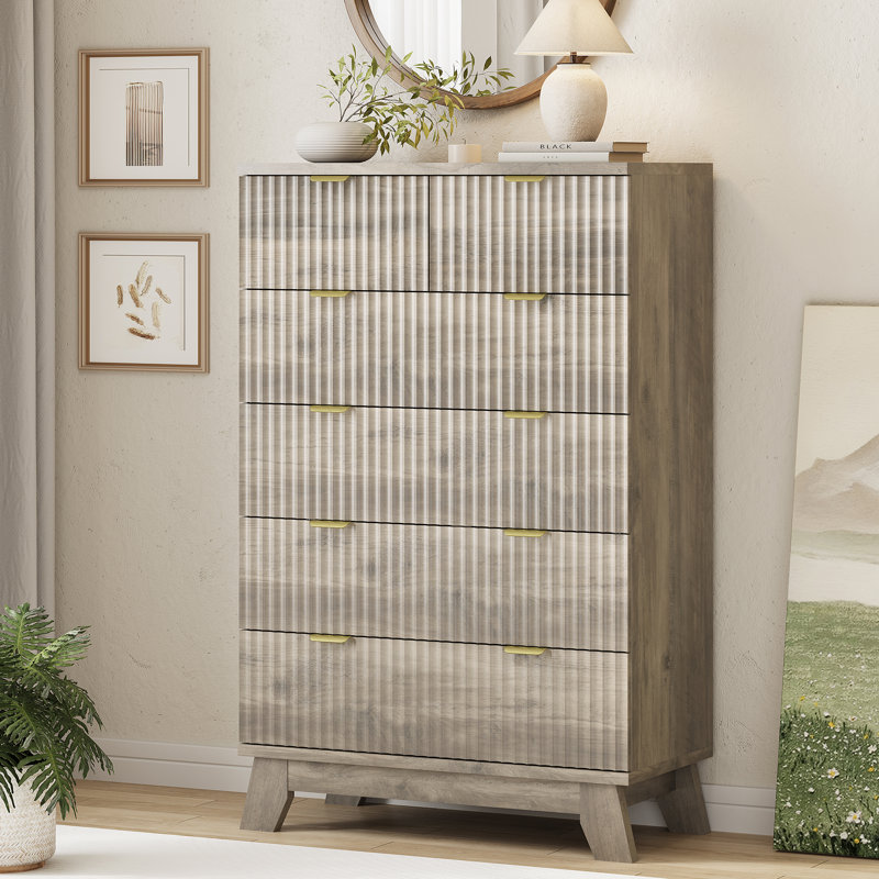Fluted 6-Drawer Dresser, 46" Tall Wooden Chest of Drawers with Metal Handles, Modern TV Stand & Storage Organizer, for Bedroom, Living Room