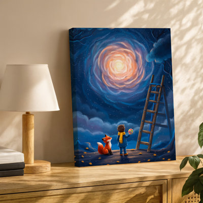 Toile, scène fantaisiste mettant en vedette un jeune enfant aux cheveux ébouriffés, art mural debout sur une plateforme en bois