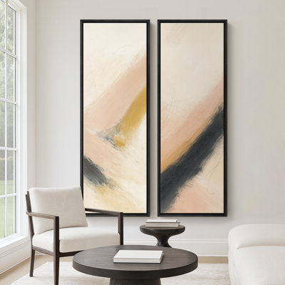 Minimal Neutral Abstract Lines for Entryway – Set of 2 Framed Wall Art Print on Canvas 60"x20"x2, 60"x30"x2
