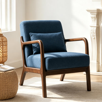 Mid-Century Modern Accent Chair with Wood Frame & Waist Cushion, Cotton-Linen Upholstered Reading Armchair for Living Room Bedroom Sunroom – High-Density Foam Fill