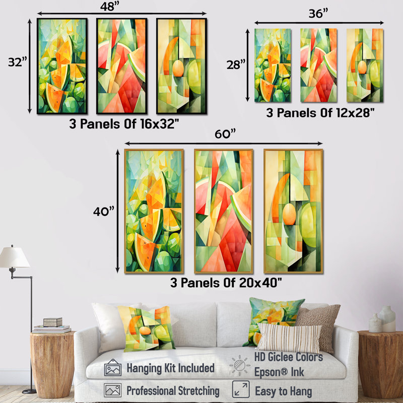 Motif de pastèque vert et jaune I - Melon, ensemble de 3 toiles, Cadre flottant brun, H 32 po x l 48 po