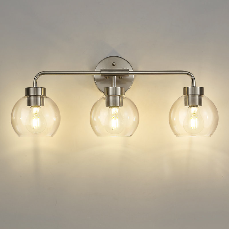 Éclairage pour meuble-lavabo de campagne 3 lumières 23 pouces, abat-jour globe en verre transparent, nickel brossé