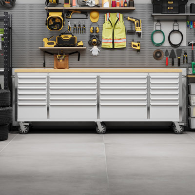 96 inch Mobile Tool Chest, 24 Drawers Lockable Stainless Steel Rolling Cabinet with Wood Top, Large Garage Storage Workbench Organizer for Workshop & Repair Shop