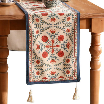 Vintage Floral Linen Polyester Table Runner 12 x 71 Inch Hand Drawn Pattern Dining Table Decor