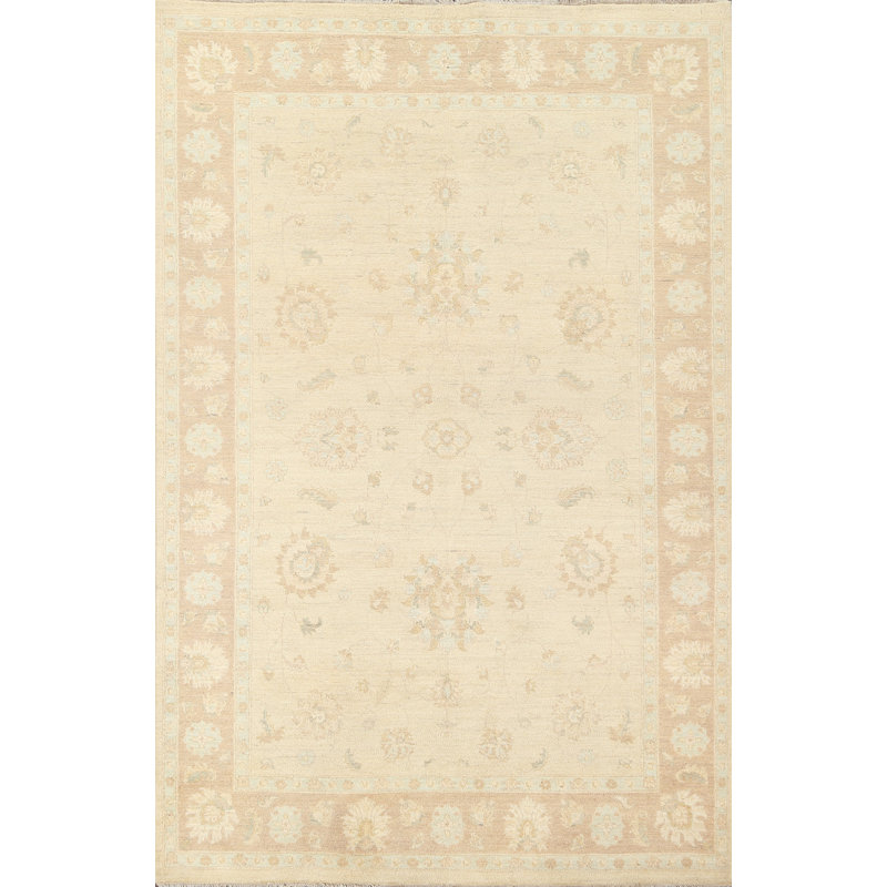 Tapis beige en laine noué à la main de conception unique 5 pi 6 po x 8 pi 0 po Peshawar Chobi