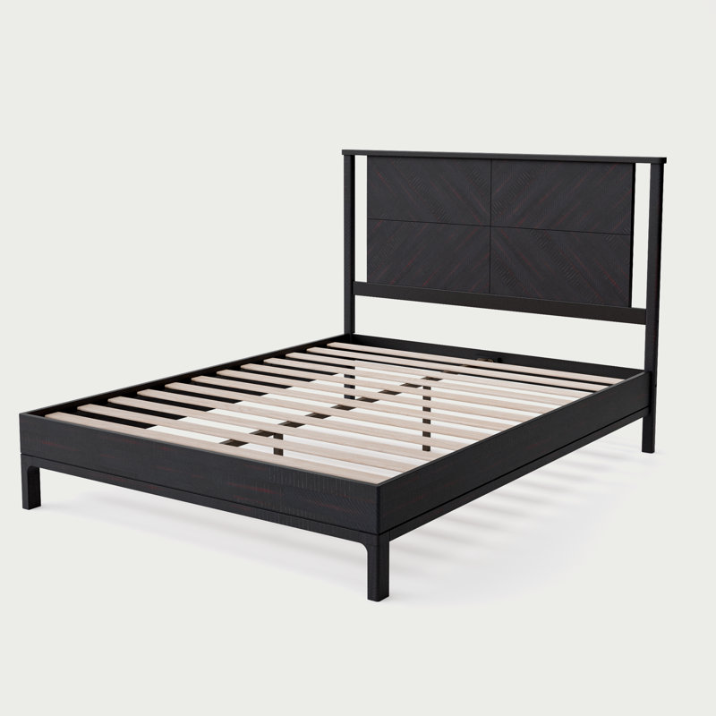 Vivian DELUXE Platform Bed Frame with Headboard – Acacia Wood, Queen, Rustic Black