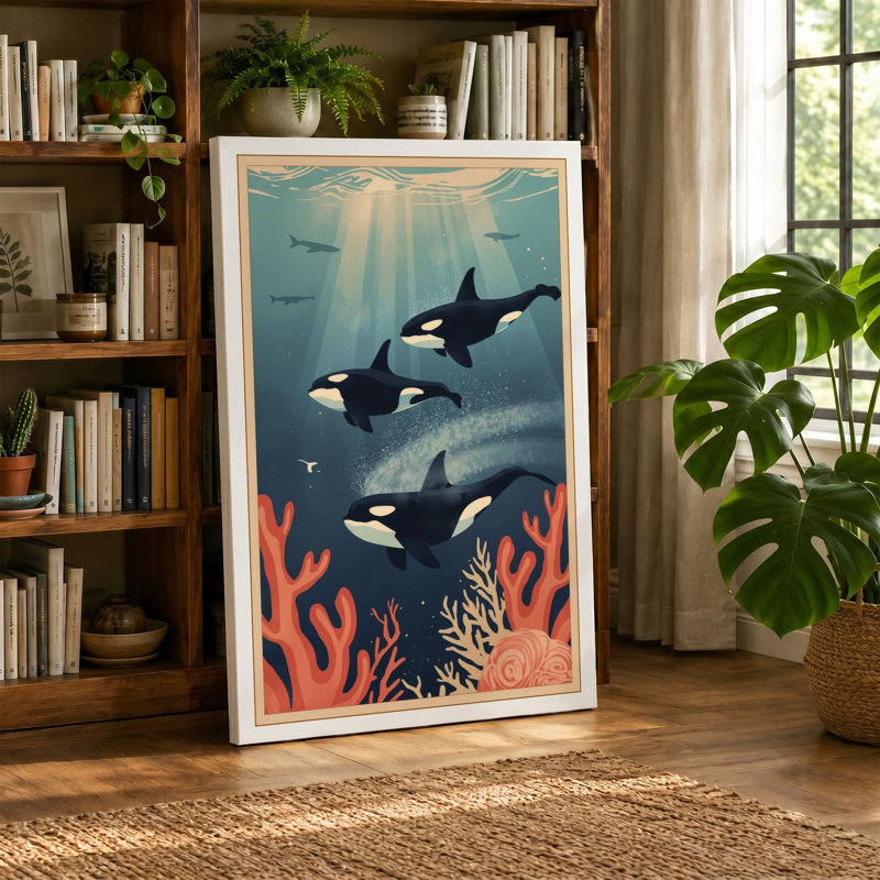 Whales in Blue Depths Coastal - Wrapped Canvas, 36x24 - 91.4 x 61.0 cm, Sage Border