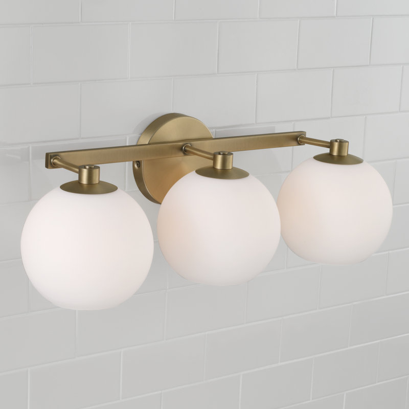 Aged Brass 3-Light Vanity with Soft White Glass Shades