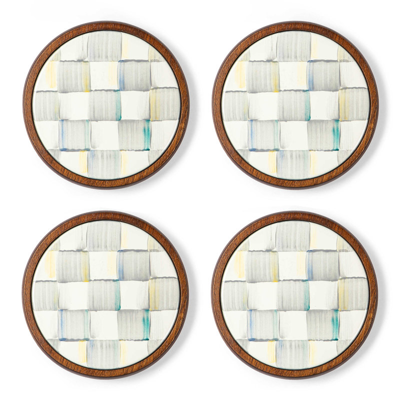 Sterling Check Gray and White Enamel Coasters with Acacia Wood Base