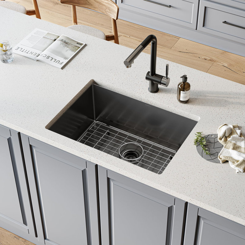 25 X 18 Inch Undermount Kitchen Sink – Gloss Black Nanotek Ceramic Coated, 16 Gauge 304 Stainless Steel Single Bowl For Kitchen, Bar, Or Prep Use