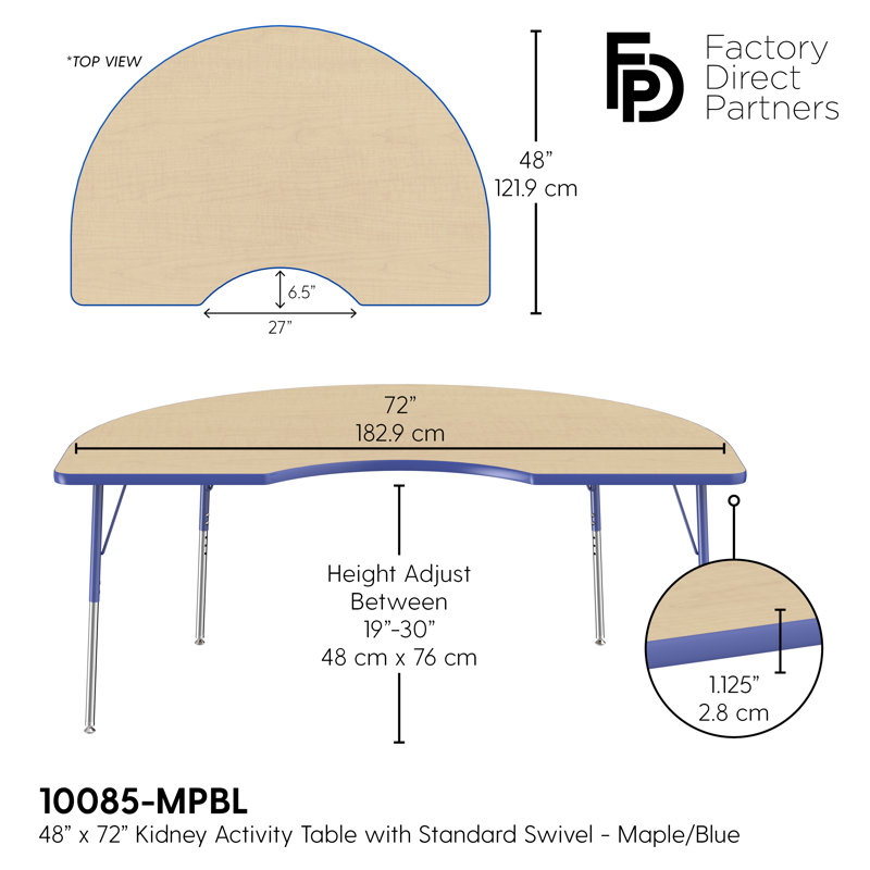 Table d'activité 48 "x 72" avec moulures en T et pieds réglables, Érable / Bleu, Roulement pivotant standard