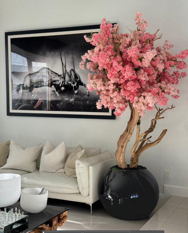 Pink Cherry Blossom Tree In 30" Globe Planter, Black