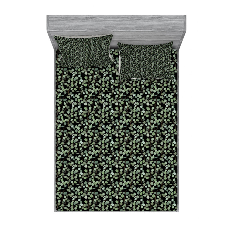 Microfiber Geometric Sheet Set, Queen Sheet Set with Fitted Sheet, Green/Black, Tropical Floral