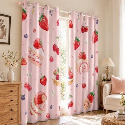 2Pcs rideaux mignons à motif de fraises et de cerises, paravent à motif de desserts sucrés, fenêtre décorative avec passe-tringle pour cuisine