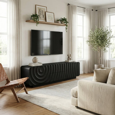 58" TV Stand For Living Room, Modern Storage TV Console With 2 Drawers & Cabinet Doors, Wood Entertainment Centre With Unique Wave Design, Black/White/Walnut
