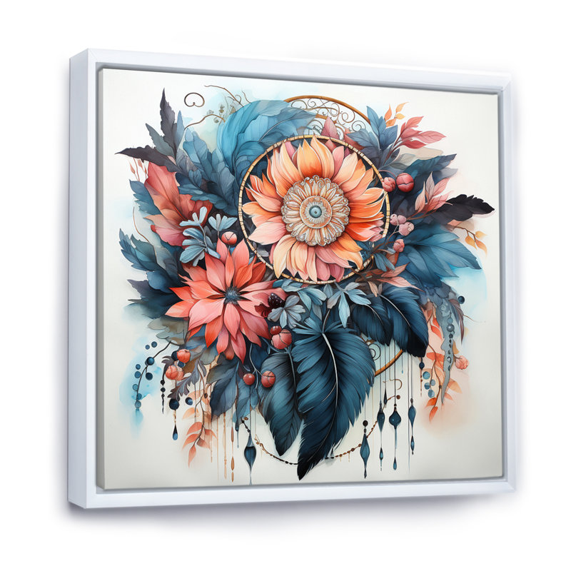 «Mauve Boho Dreamcatcher», impression sur toile, H 36 po x l 36 po x P 1,5 po, Cadre flottant blanc