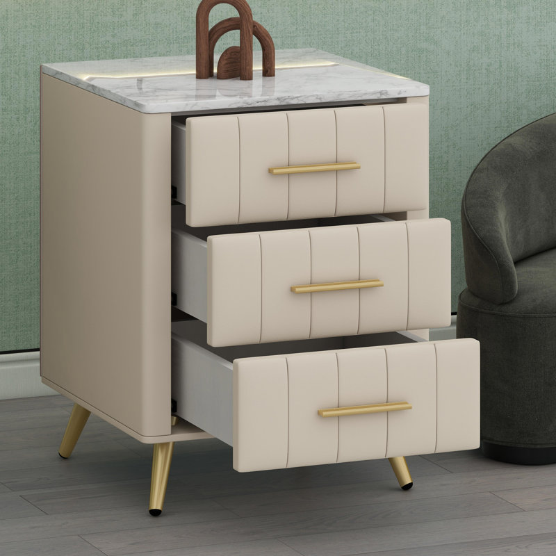 Table de chevet rembourrée avec tiroirs, pieds en métal et marbre, Beige