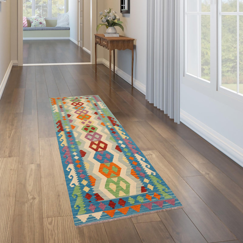 Tapis rouge / bleu / beige en laine tissé à la main 2 pi 8 po x 9 pi 5 po Radke