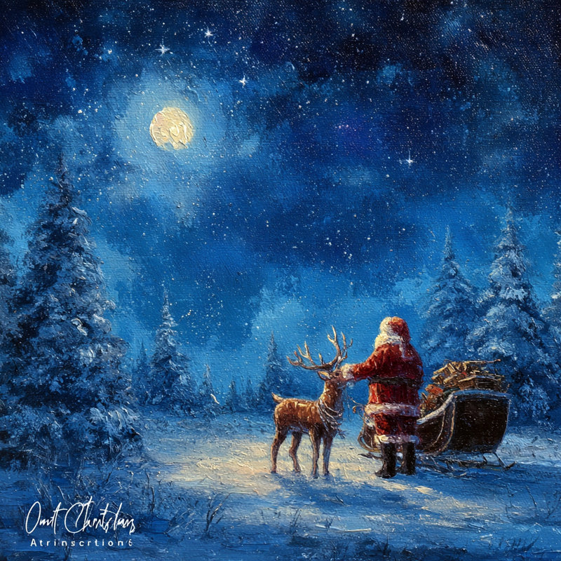 Père Noël et renne sur toile tendue, H 40 po x l 40 po