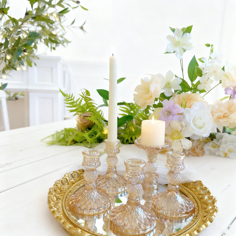 Striped Glass Taper Candlestick Holders Set Of 6, Diamond Pattern Candle Stand For Table Centerpieces, Wedding And Home Decor