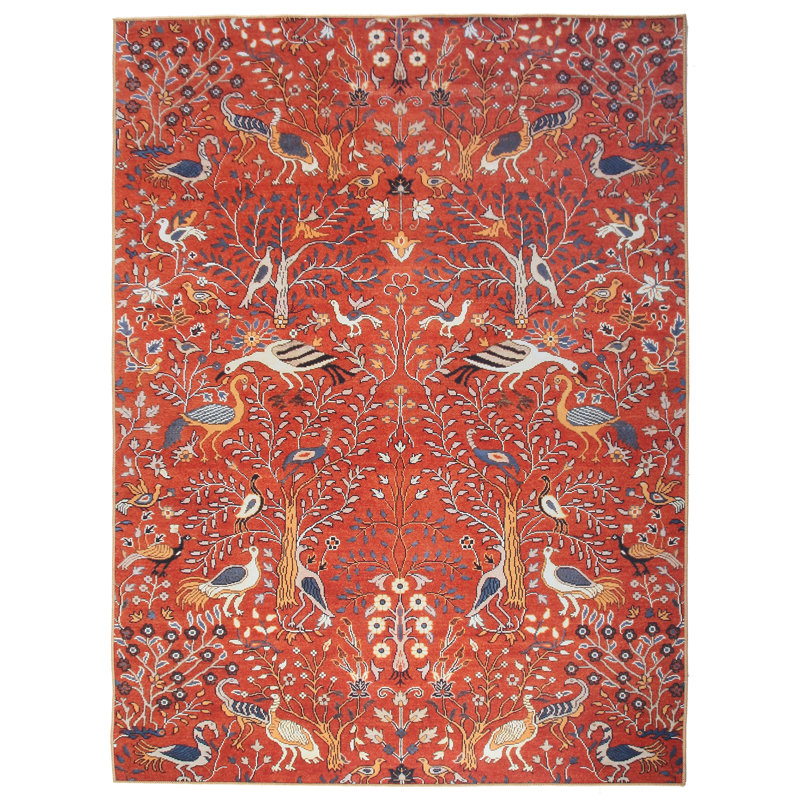 Modern Burnt-Orange Bird Design Machine Washable Rug with Built-in Padding & Non-Slip Backing, Square 8'