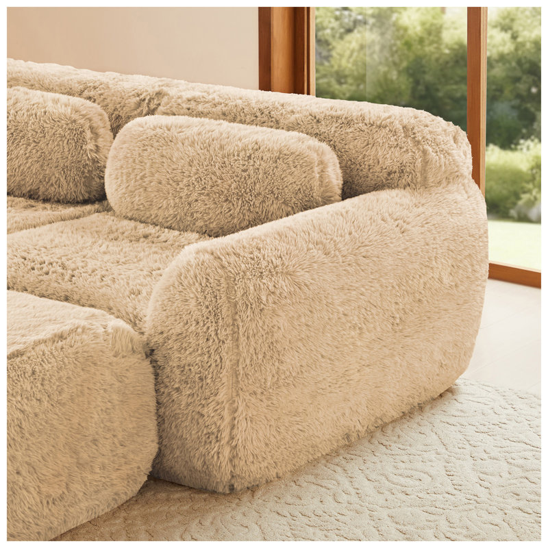 Haven 80.4" W x 70.4" D x 28.7" H Soft Plush Fabric Modular Sectional Sofa with Ottoman, Beige Faux Fur
