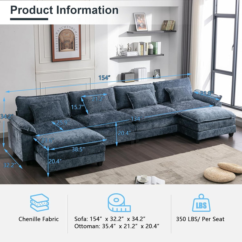 Stronski Upholstered U-Shaped Sectional Reversible, Stronski Blue Chenille
