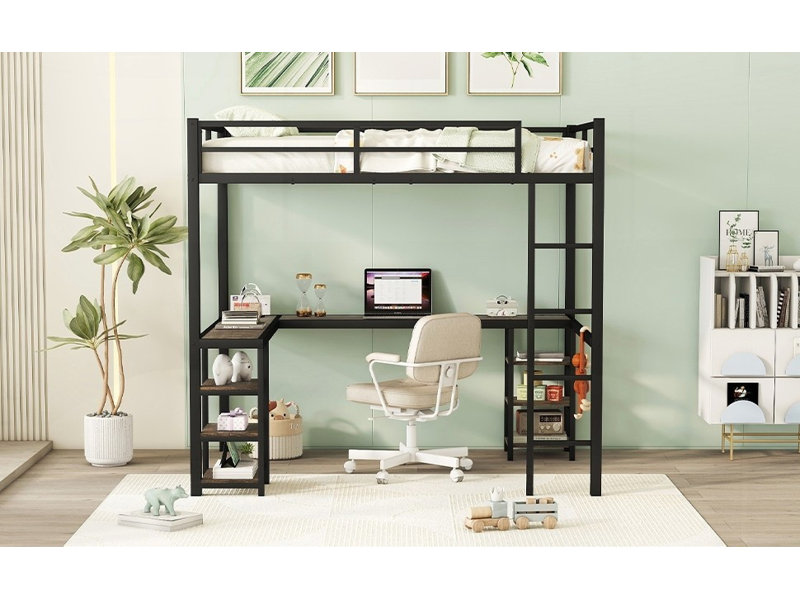 Lit mezzanine double en métal (grand lit), sans sommier, support solide, noir