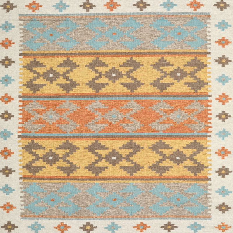 Tapis contemporain bleu ciel / jaune, Carré 3 pis