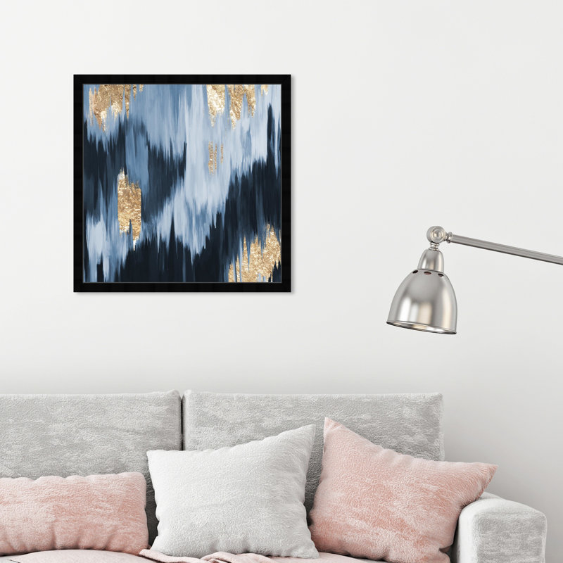 «Abstract Gold Blue Fall Paint», reproduction d'art graphique encadrée, Cadre noir plat, H 24 po x l 24 po x 1,5 po