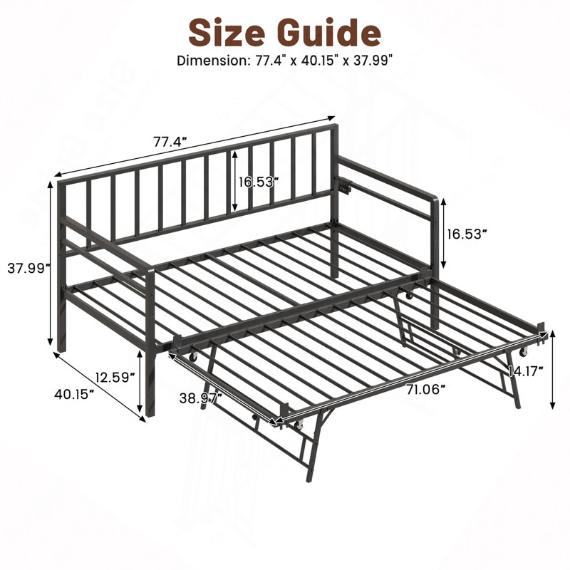 Lit de jour avec éclairage DEL et station de recharge, cadre de lit de jour réglable en hauteur avec lit gigogne, cadre de canapé-lit en métal polyvalent pour chambre, salon, chambre d'amis