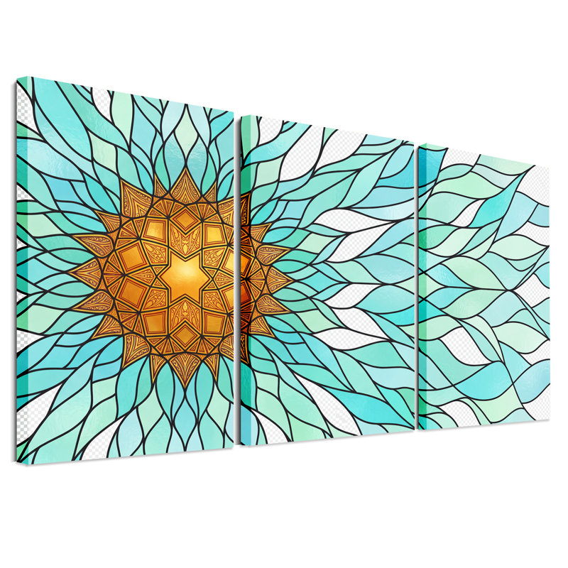 «Golden Geometric Starburst», ensemble de 3 toiles ondulées bleu sarcelle, H 36 po x l 24 po x 3 pièces
