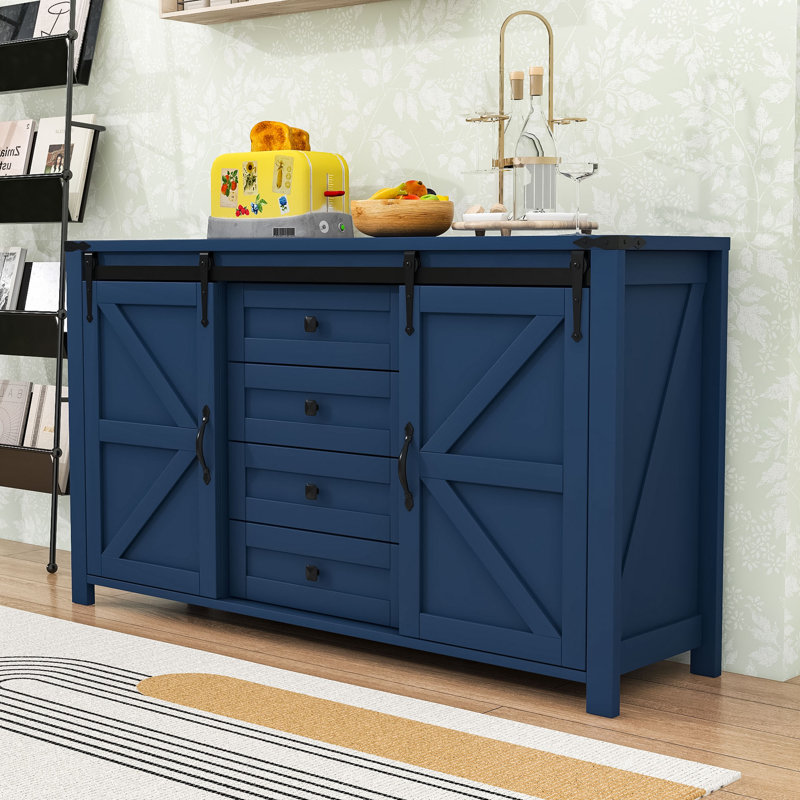 Farmhouse 4 Drawers Sideboard Buffet Cabinet with Sliding Doors, Built-In Power Outlet and Ample Storage, Navy Blue