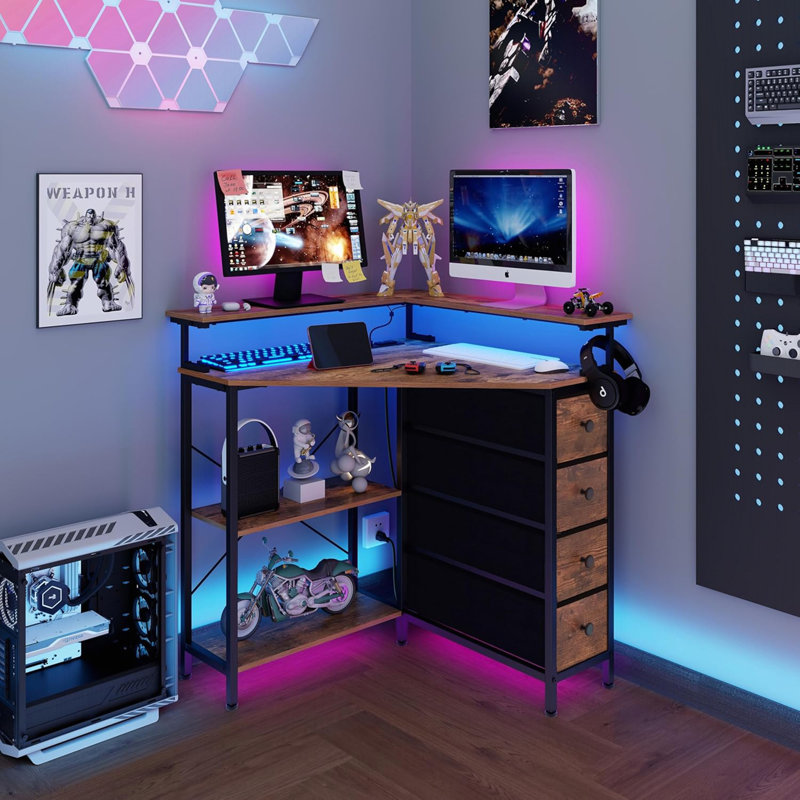 Brown 90-Degree Triangle Corner Desk: Small Space Desk With Drawers, Shelves, Power Outlets, LED Lights & Monitor Stand For Home Office/Gaming
