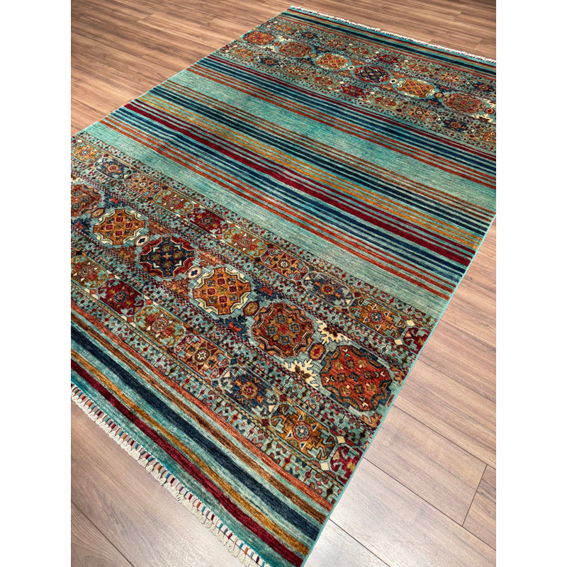 Tapis bleu sarcelle en laine et coton Original