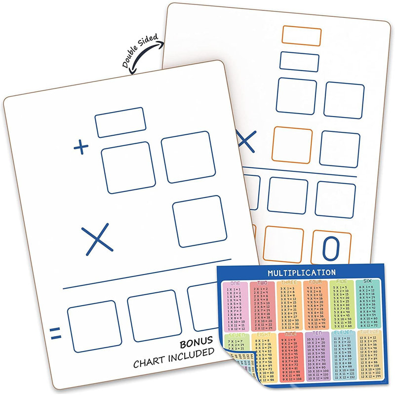 Ensemble de 2 tableaux blancs à double face effaçables à sec 9 po x 12 po avec multiplication 2 x 1 et 2 x 2 