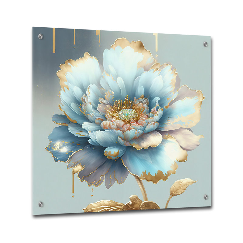 «Chic Blue Blooming Flower IV», art mural floral en acrylique, H 16 po x l 16 po