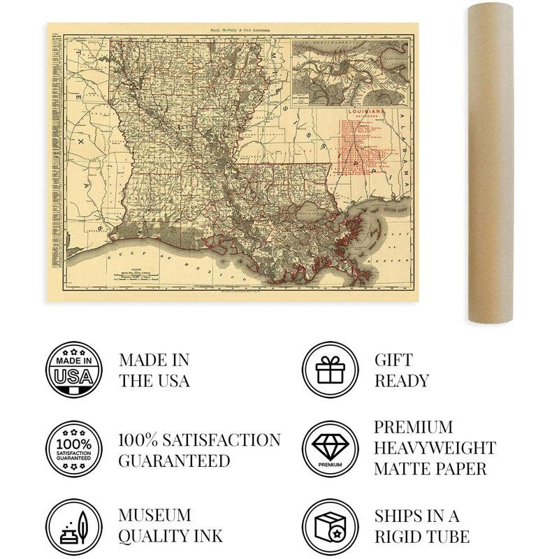 1896 Louisiana Map, art mural sur papier, H 24 po x l 36 po x P 0,1 po