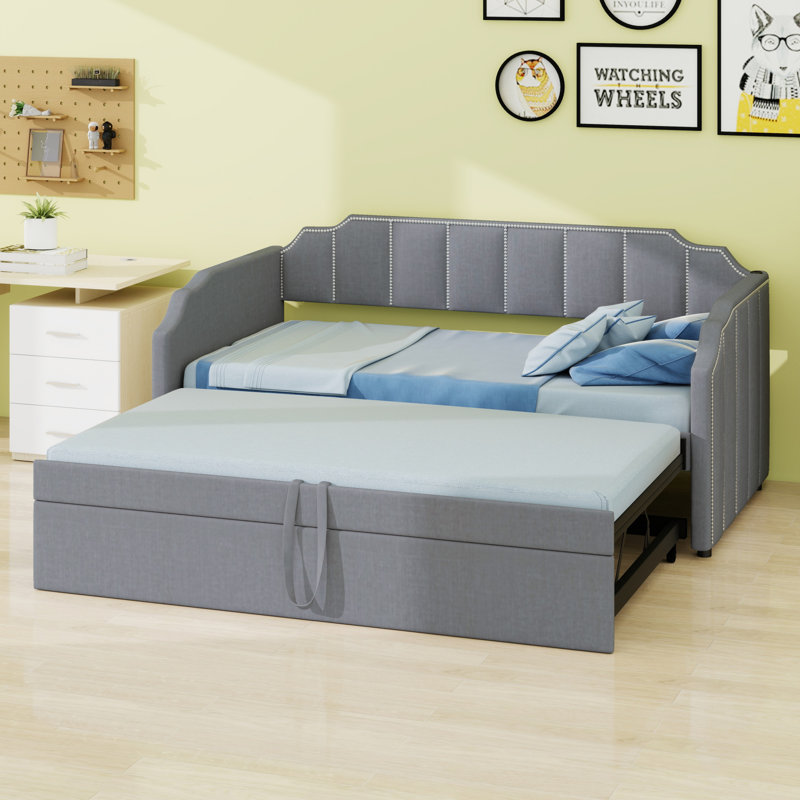 Upholstered Daybed with Pop-Up Trundle, Gray