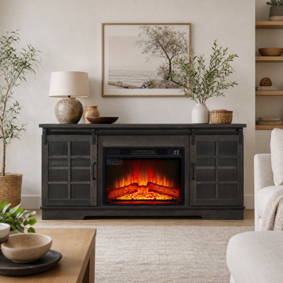 59" Modern Industrial Tv Stand With 23" Electric Fireplace，glass Door Cabinets For Living Room