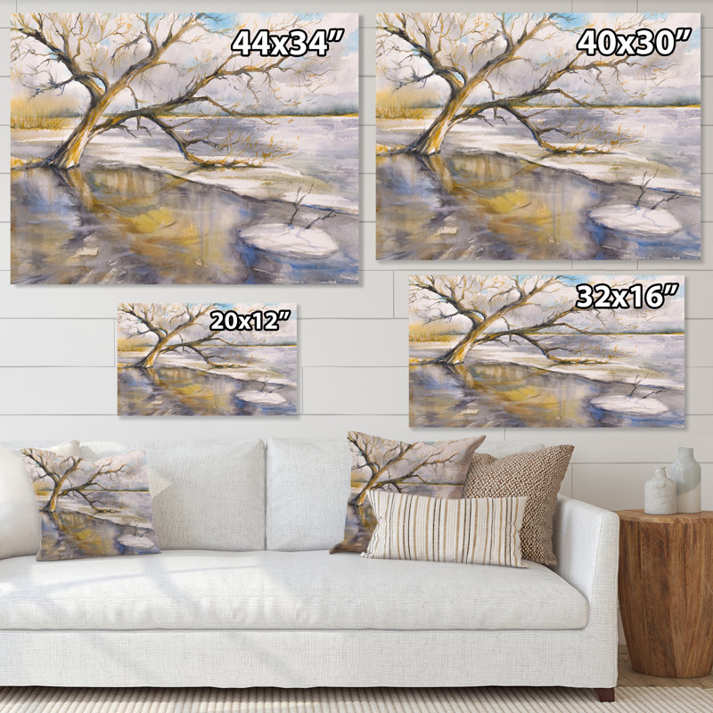 Arbre près de la rivière - peinture sur toile, H 34 po x l 44 po x P 1,5 po, Toile tendue