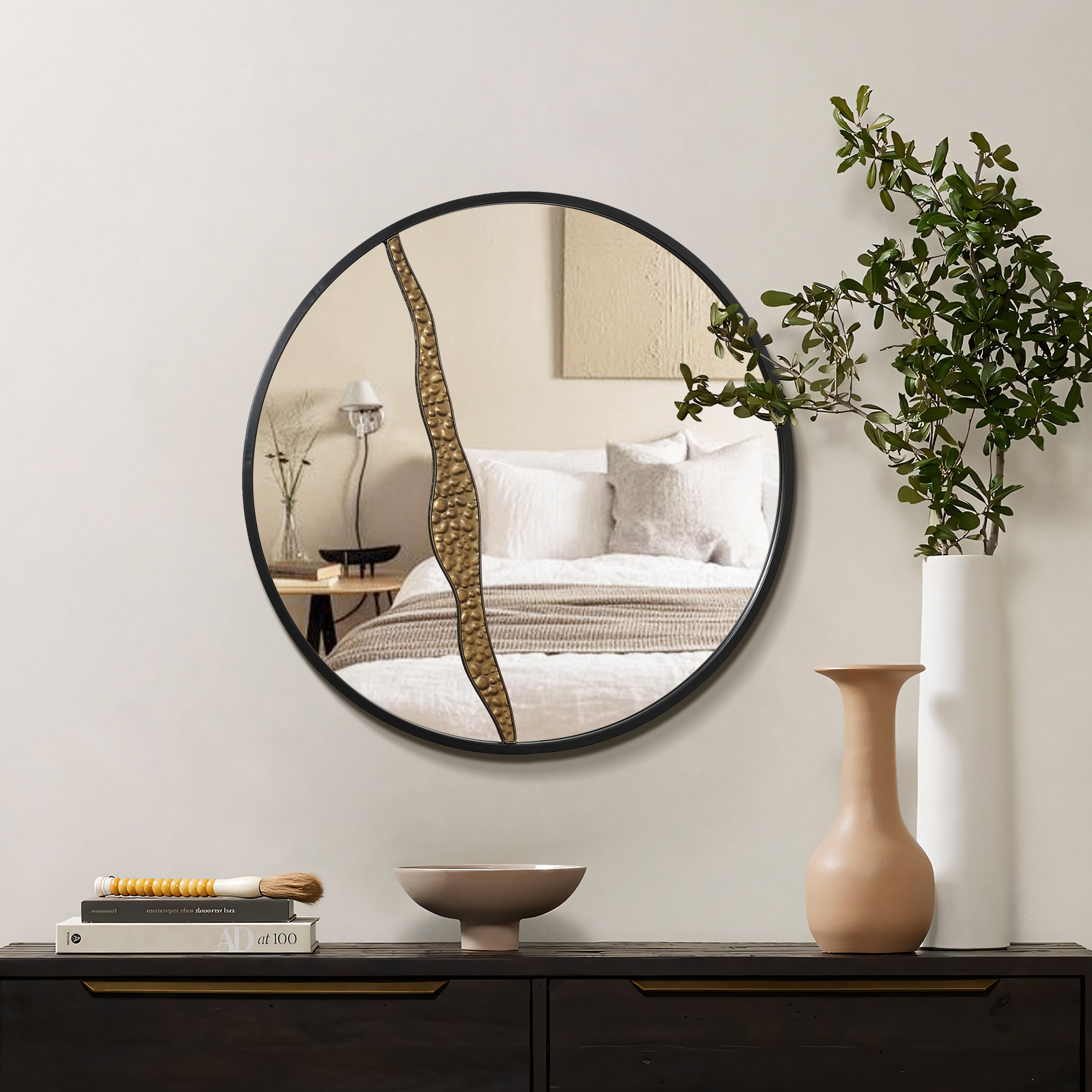 Wrought Studio™ Goldrush Black Metal Frame Round Wall Mirror | Wayfair