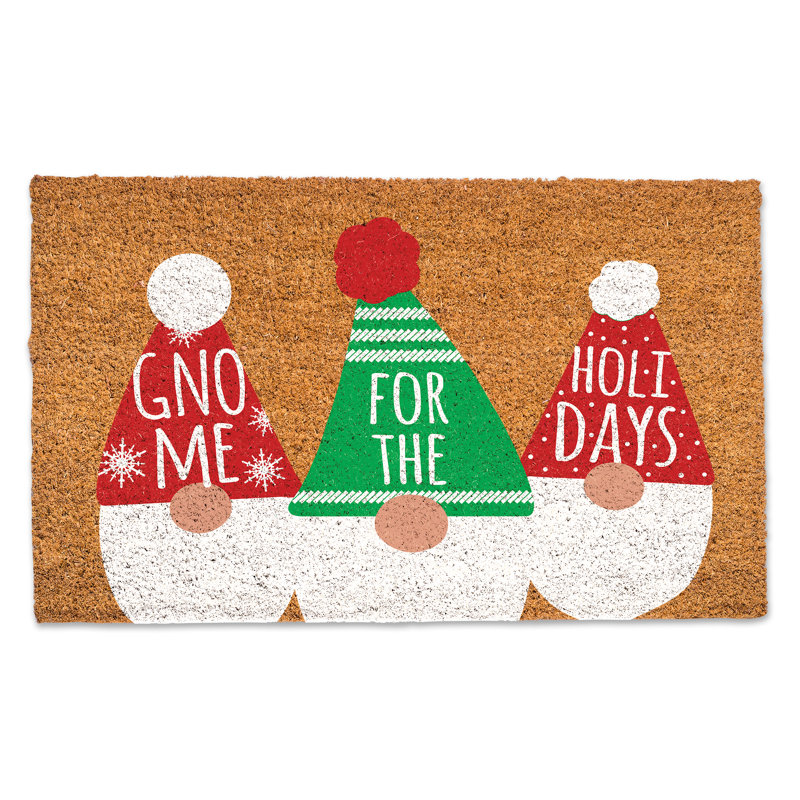 Festive Gnome Holiday Outdoor Coir Door Mat with Vinyl Backing
