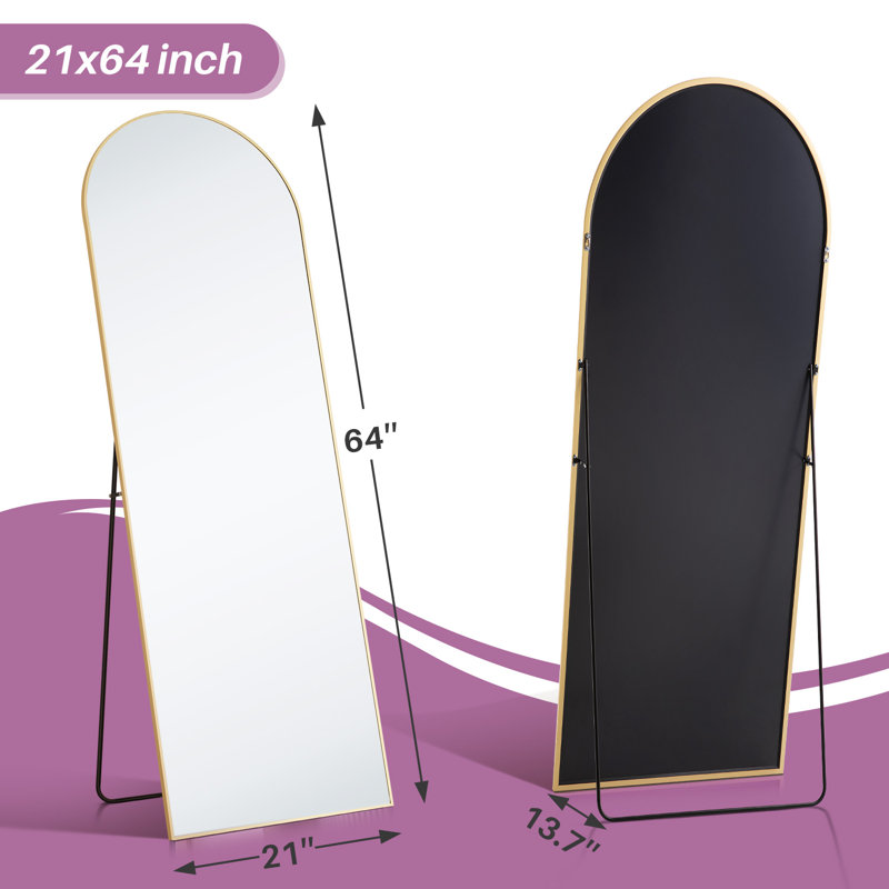 Levente Full Length Mirror, Arched Floor Mirror Freestanding, Full Body Mirror With Stand For Living Room, Gold, 64" x 21"